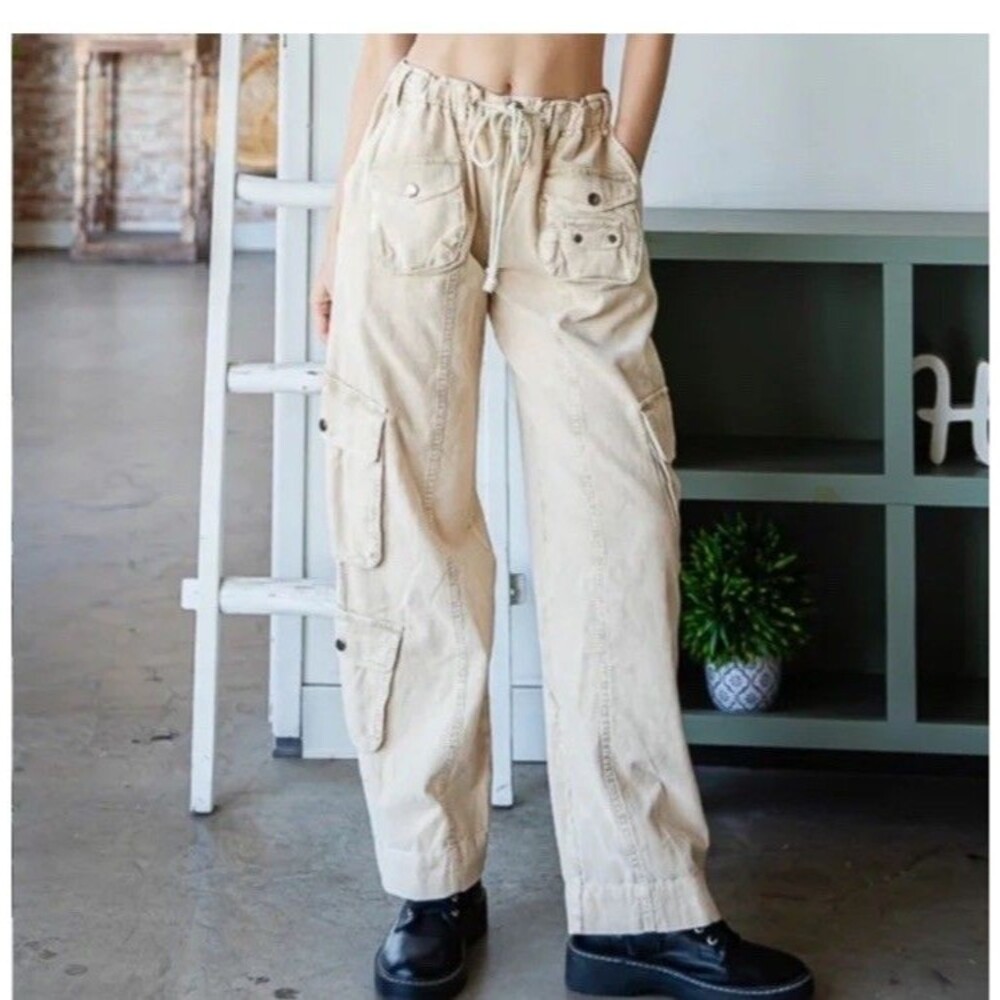 Oli & Hali Cream Streetwear Cargo Pants Drawstring Waist Utility JP0153 Large